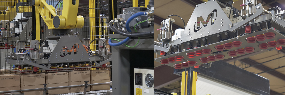 The robot picks up the cartons from a plastic belt conveyor from  where the cases filled with sweet tea or juice arrive to be palletized.