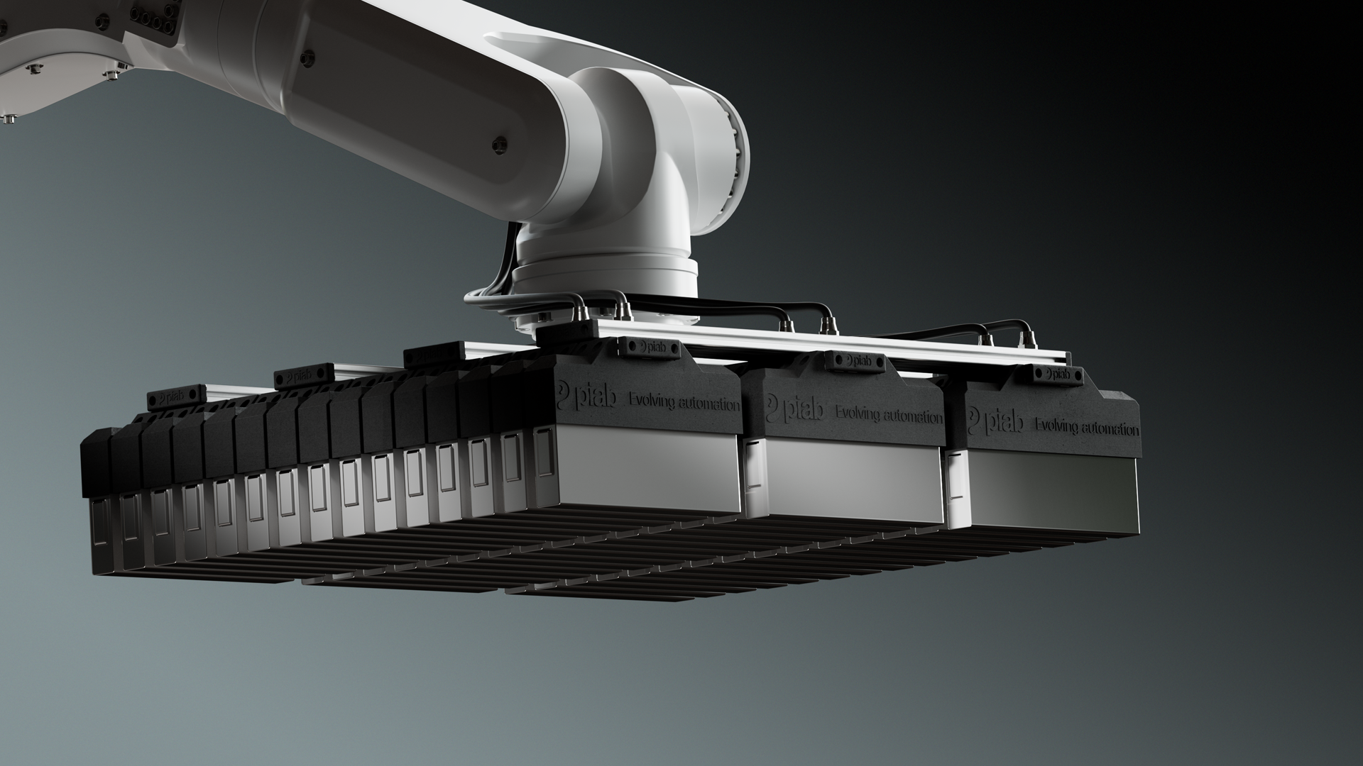 Hero image, som visar industrirobot med gripare som hanterar prismatiska celler