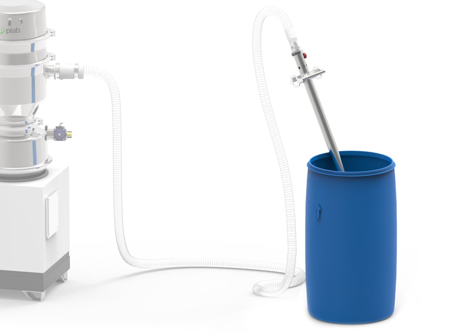 Conveying powder to and from fiber drum or barrel