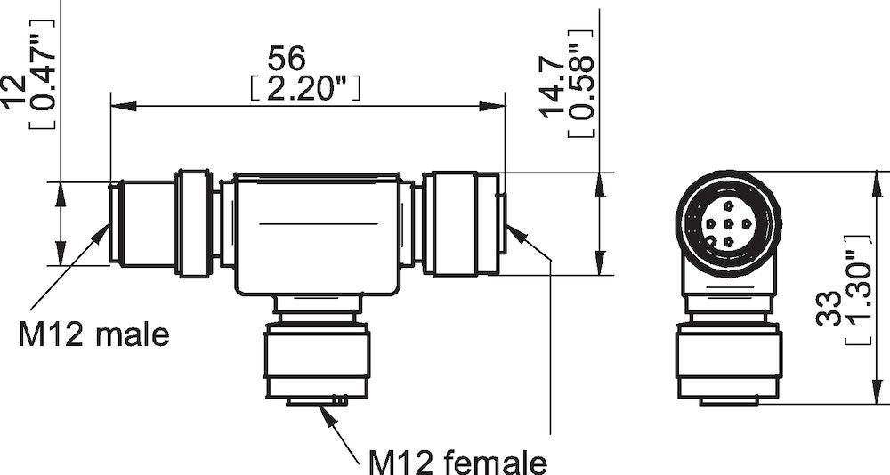 T-connector M12 male, 2xM12 female